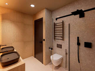 Step into a modern bathroom oasis, showcasing a sleek design with geometric wall tiles and dark fixtures.