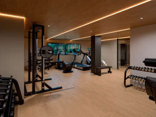 Step into your dream home gym! This space boasts top-of-the-line equipment, including a treadmill, weight rack, and weightlifting station.