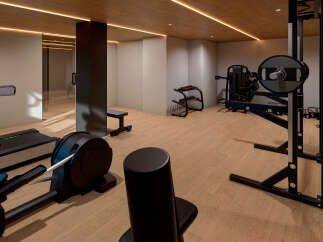 Step into your dream home gym! This space boasts a variety of workout equipment, including a treadmill, elliptical, and weight rack.