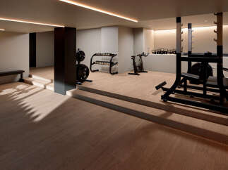 Step into your dream home gym! This space features a variety of workout equipment, including weights, a stationary bike, and a weight rack.