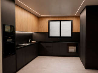 This modern kitchen boasts sleek black cabinetry, complemented by warm wooden accents and recessed lighting.