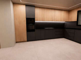 This modern kitchen boasts a sleek design with a combination of wood and dark cabinetry.