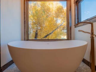Indulge in luxury with this stunning bathroom featuring a sleek, modern soaking tub.
