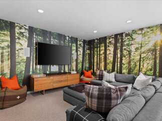 This stunning living room boasts a unique forest-themed wallpaper, creating a serene and inviting atmosphere.