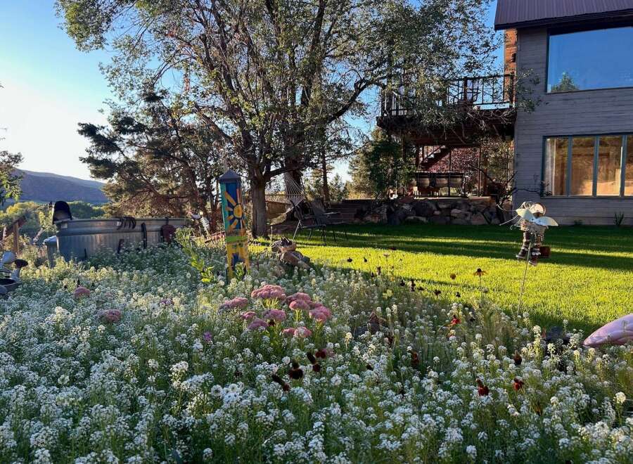 Discover a charming property with a lush garden blooming with white and pink flowers, leading to a rustic home featuring a multi-level deck perfect for outdoor entertaining.