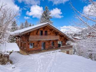 Experience the charm of this stunning wooden chalet nestled in a winter wonderland.