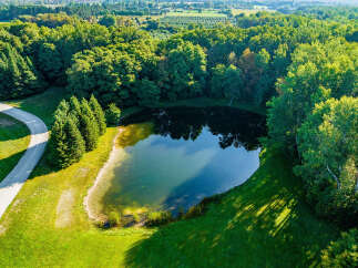 Discover a serene oasis with this stunning property featuring a picturesque lake surrounded by lush greenery.