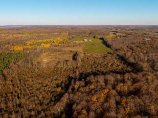 Experience the beauty of autumn from this aerial view of a sprawling property.