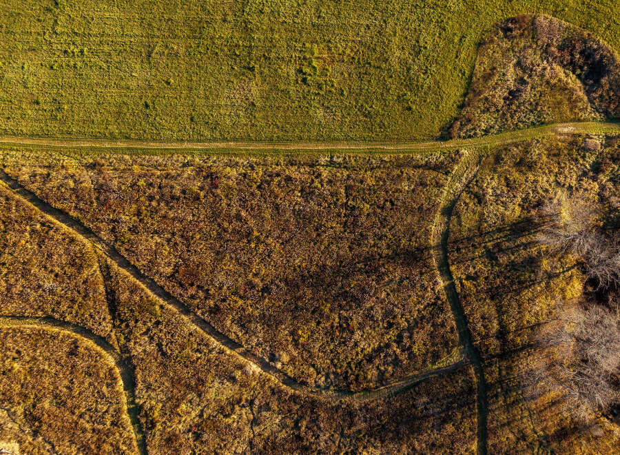 Discover this expansive property featuring a lush green field perfect for recreation or agriculture, bordered by a scenic dirt path.
