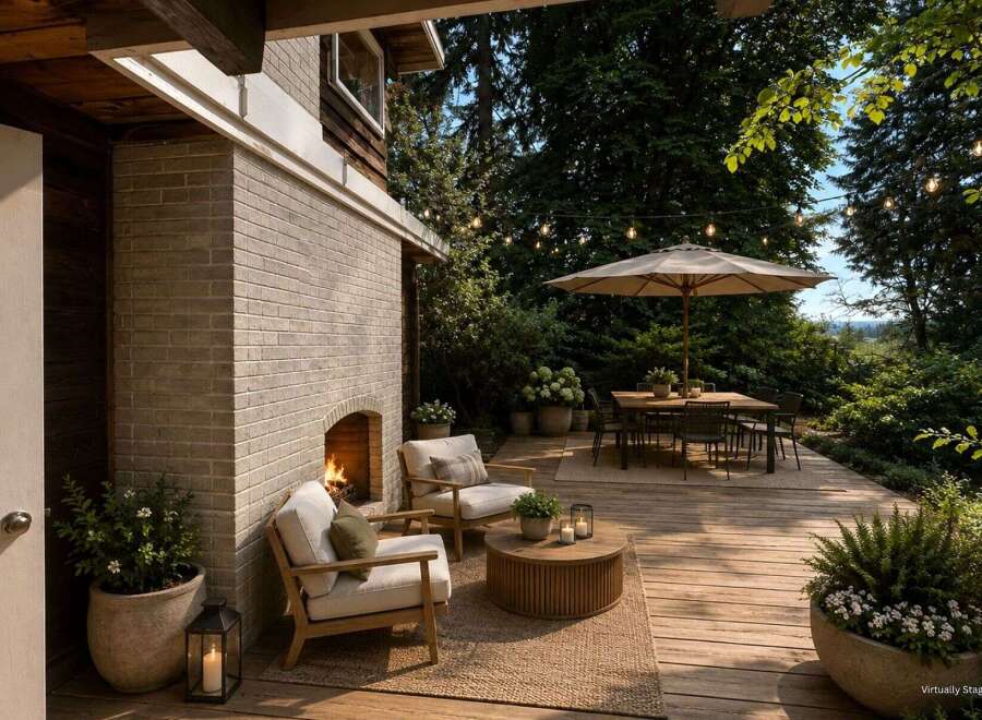 Experience outdoor living at its finest with this beautifully appointed deck, featuring a cozy brick fireplace and comfortable seating areas perfect for relaxation.