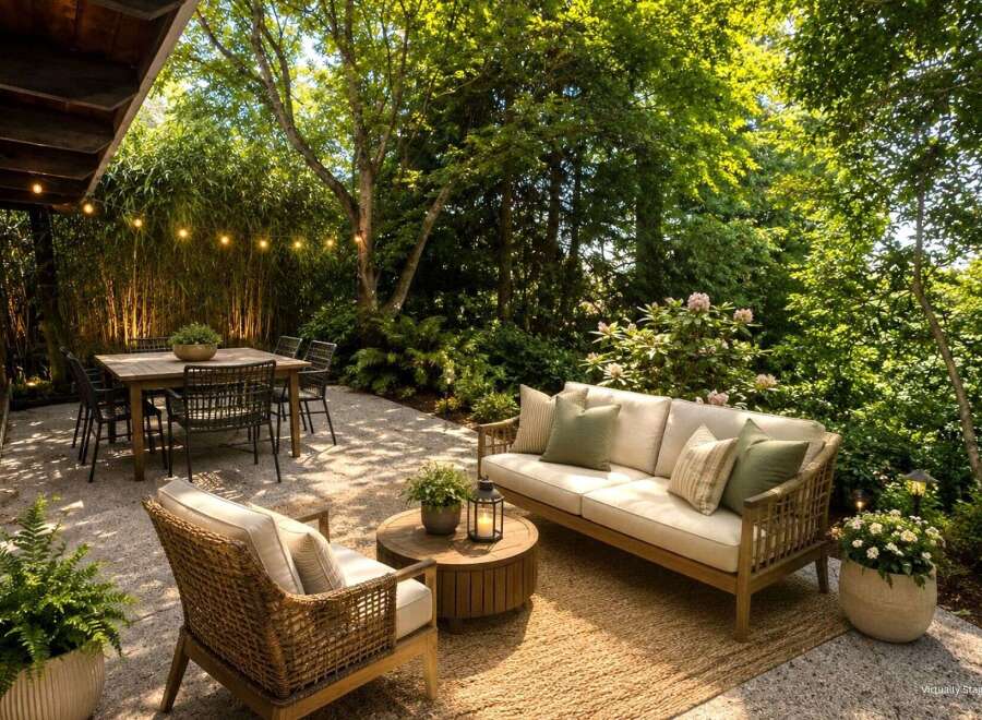 Enjoy outdoor living in this serene backyard oasis, featuring a spacious patio perfect for entertaining.