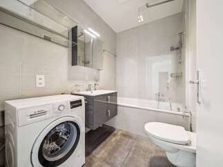 This modern bathroom features a sleek design with a washing machine, a vanity, and a bathtub.