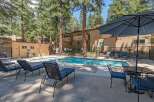 Enjoy a refreshing dip in the sparkling blue pool, surrounded by lush trees and comfortable lounge chairs.