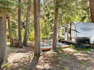 Experience the perfect blend of nature and comfort with this charming campsite featuring a Springdale Summerland Series Mini travel trailer.