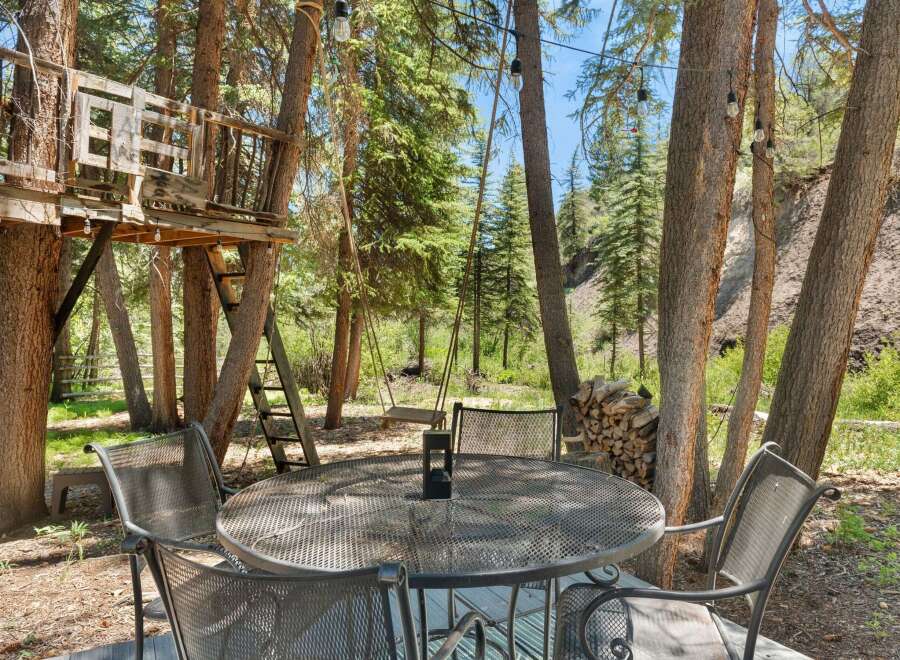 Enjoy the great outdoors with this charming backyard oasis, featuring a rustic treehouse and a cozy swing set perfect for relaxation and play.