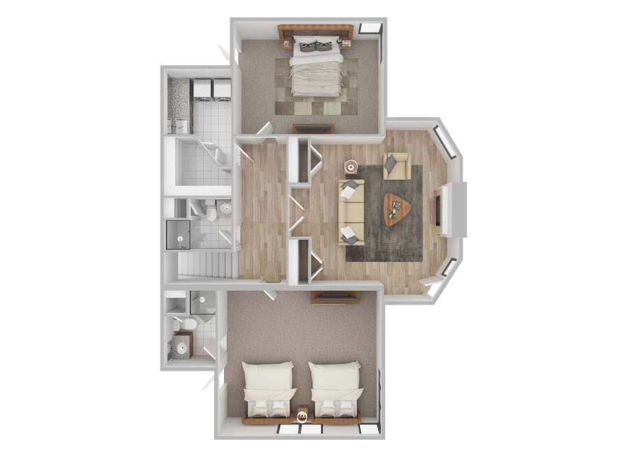Discover this stunning floor plan featuring a spacious master suite with a king-sized bed and a private ensuite bathroom.
