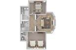 Discover this stunning floor plan featuring a spacious master suite with a king-sized bed and a private ensuite bathroom.