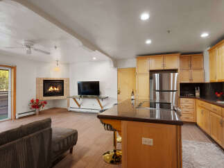 Cozy living space featuring a warm fireplace and a modern entertainment setup.