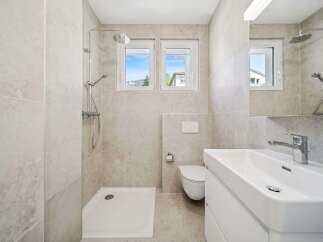 This modern bathroom features a spacious walk-in shower with a rainfall showerhead and a separate handheld shower.