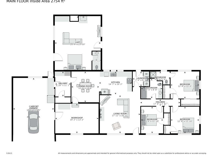 Discover this spacious main floor featuring 2754 sq ft of living space, including a large loft and a dedicated workshop.