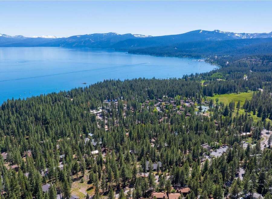 Discover this stunning aerial view of a lakeside community nestled amidst a dense pine forest.