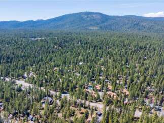 Nestled amidst a dense forest of pine trees, this aerial view showcases a charming neighborhood with scattered homes and winding roads.