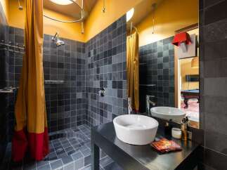 Experience modern luxury in this unique bathroom featuring a spacious walk-in shower with dark slate tiles and a vibrant mustard and red shower curtain.