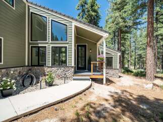 Nestled amidst tall pine trees, this charming home features a striking modern design with a mix of green siding and natural stone accents.