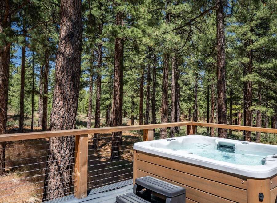 Experience ultimate relaxation in this stunning hot tub, nestled amidst a serene pine forest.