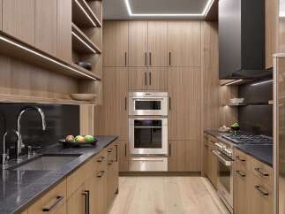 Experience modern luxury in this sleek kitchen, featuring custom wood cabinetry and integrated LED lighting for a sophisticated ambiance.