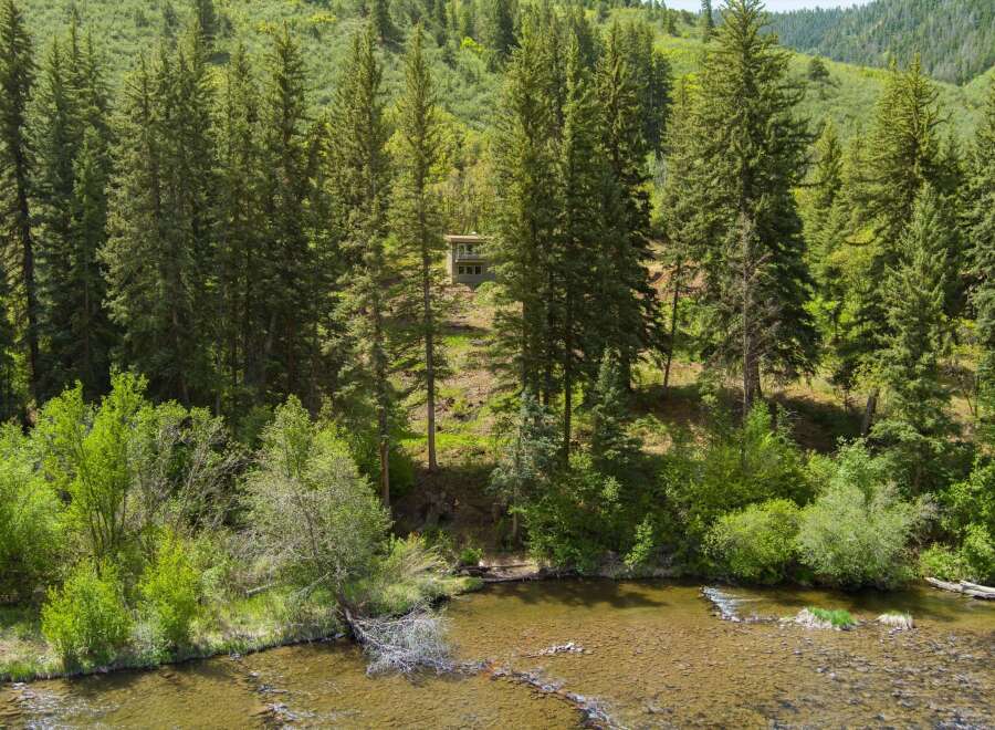 Nestled amidst a lush forest, this property offers a serene retreat with a charming cabin overlooking a tranquil river.