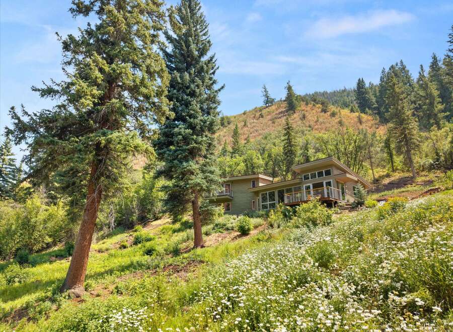 Nestled amidst a lush hillside, this modern home offers breathtaking views and a serene escape.