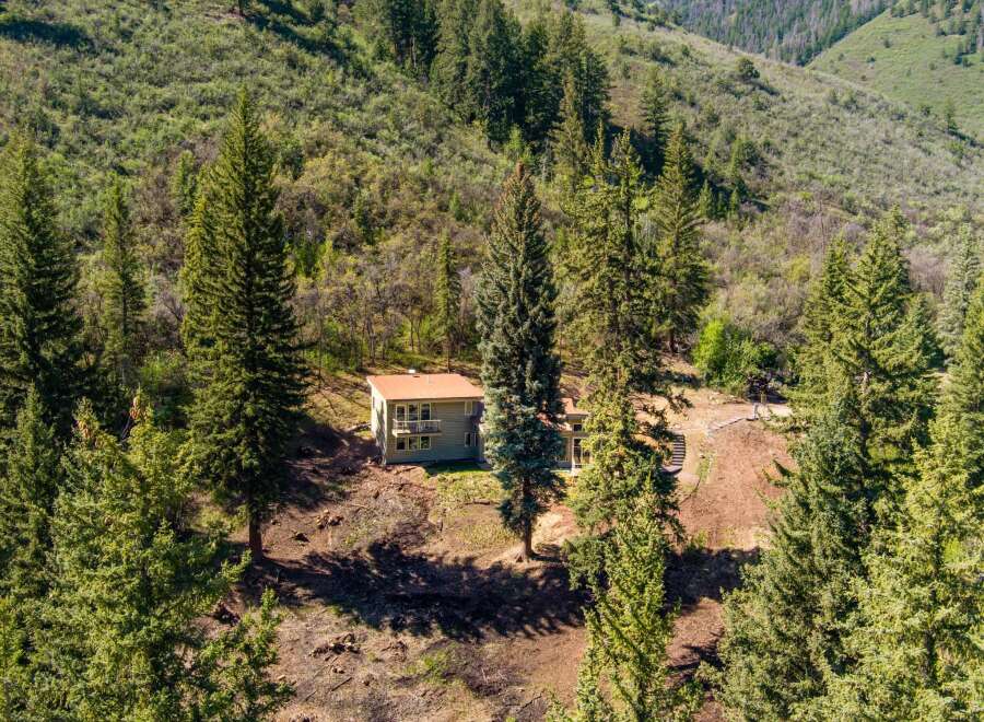 Nestled amidst a lush forest, this charming home offers a serene retreat with its natural surroundings.