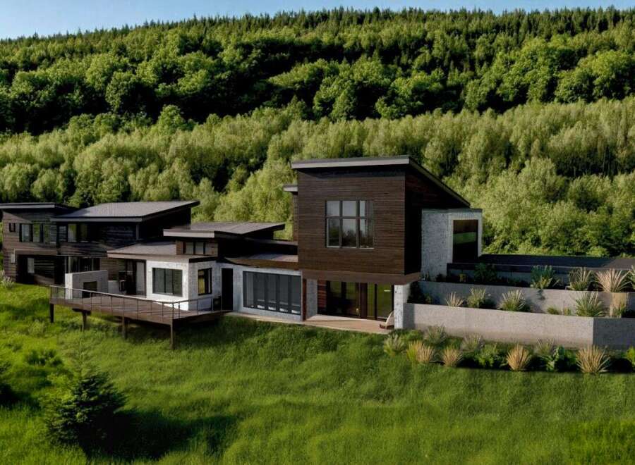 Experience modern luxury in this stunning hillside residence, featuring a striking dark wood facade and expansive glass windows that seamlessly blend indoor and outdoor living.