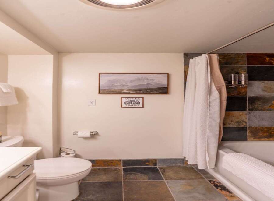 This charming bathroom features a stylish slate tile accent wall behind the bathtub and shower, complemented by a decorative mountain landscape painting.