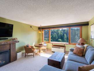 Experience breathtaking canyon views from this charming living room, featuring a cozy fireplace and a comfortable sofa perfect for relaxing.
