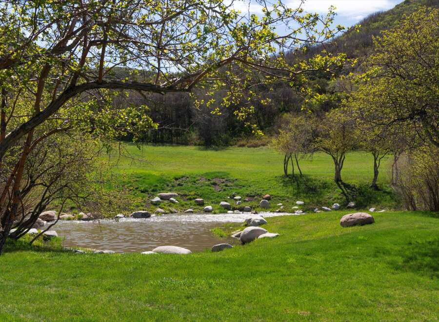Discover serene living with this charming property featuring a tranquil pond surrounded by lush green lawns and mature trees.