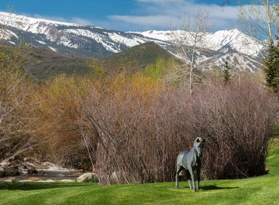 Experience the serene beauty of this property, nestled against majestic snow-capped mountains.