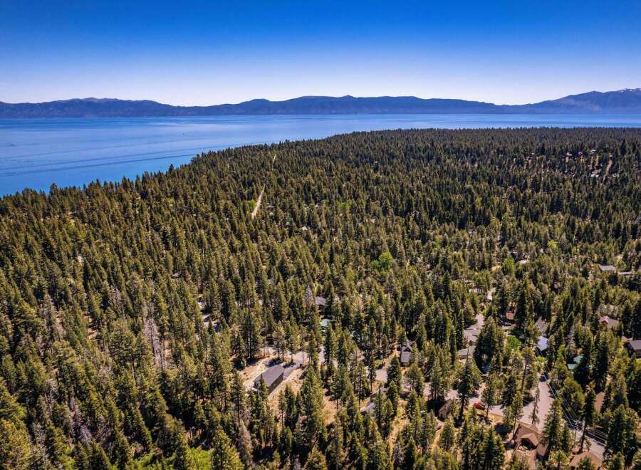 Discover your dream home nestled within a serene pine forest, offering breathtaking views of a vast blue lake and distant mountains.