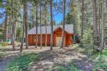 Nestled amongst tall pine trees, this charming wooden cabin offers a serene retreat.