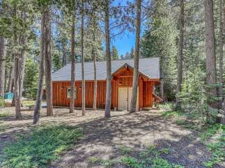 Nestled amongst tall pine trees, this charming wooden cabin offers a serene retreat.
