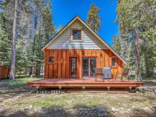 Escape to this charming cabin nestled among tall pine trees, offering a serene mountain retreat.