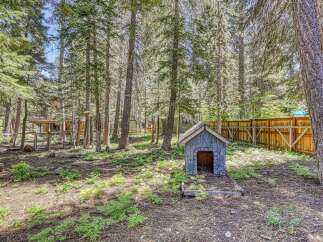Nestled within a serene forest setting, this property offers a charming backyard with a quaint doghouse, perfect for your furry companions.