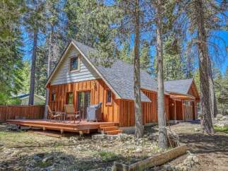 Nestled amongst tall pine trees, this charming cabin offers a serene mountain retreat.