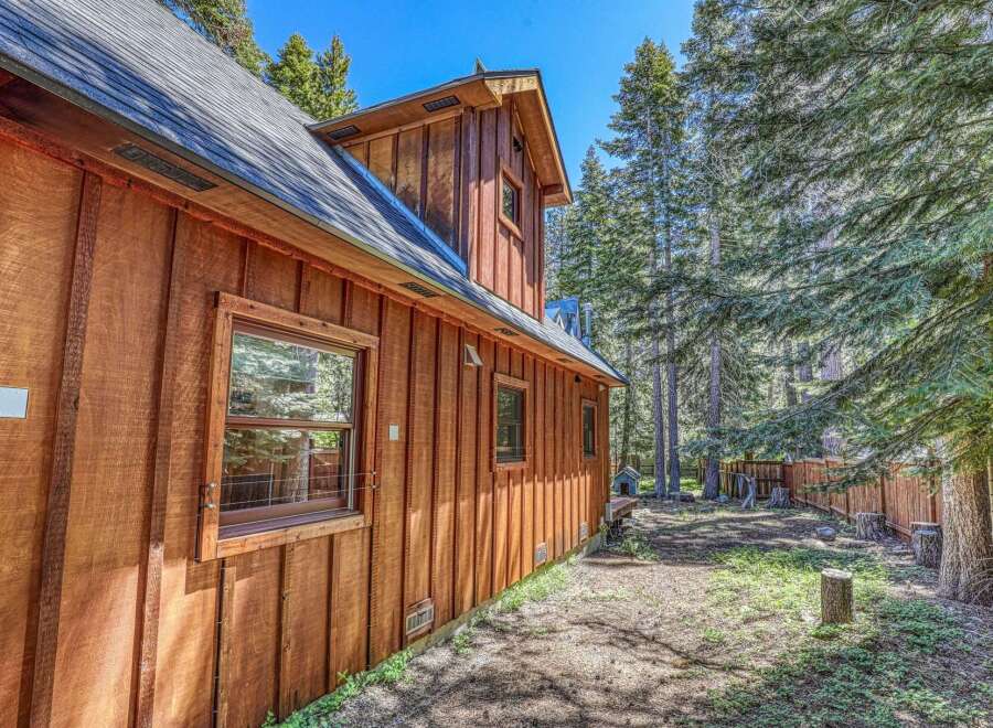 Nestled amidst tall pine trees, this charming wooden cabin offers a serene retreat.