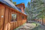 Nestled amidst tall pine trees, this charming wooden cabin offers a serene retreat.