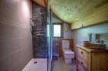 Experience rustic charm in this bathroom featuring a modern walk-in shower with sleek grey tiling and a dark mosaic accent wall.