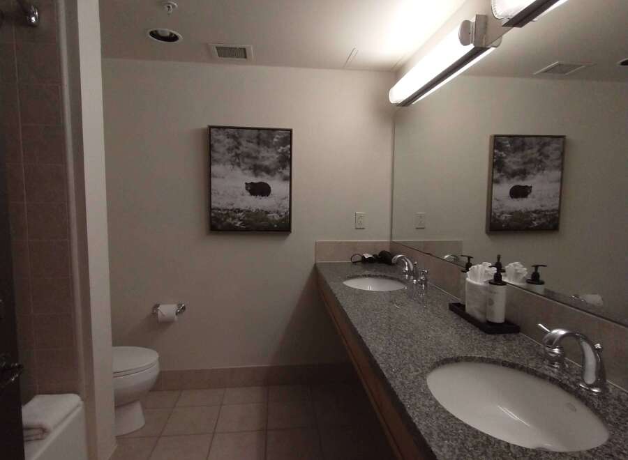 This spacious bathroom features a double vanity with granite countertops and modern fixtures, perfect for busy mornings.