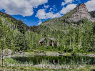 Escape to this secluded mountain retreat, featuring a charming log cabin nestled amidst a serene forest and a tranquil pond.