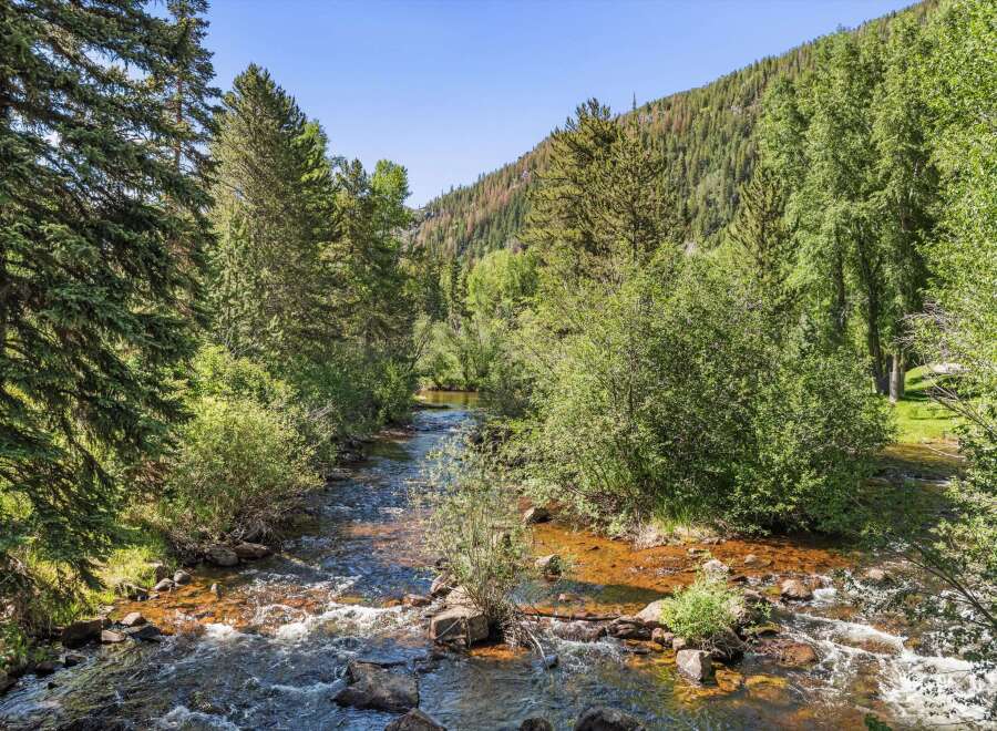 Experience the tranquility of this stunning mountain property, featuring a picturesque stream flowing through lush greenery.